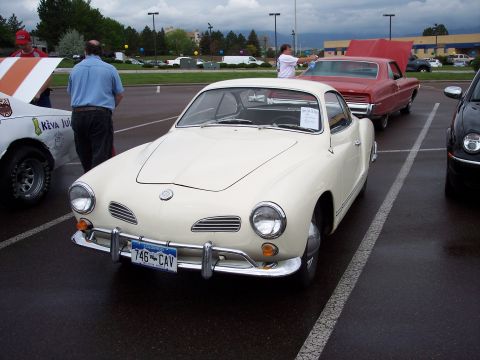 1972 Ford Ranchero - Cream 1965 Volkswagen Karmann Ghia with chrome bumper and round headlights.