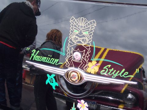 1972 Ford Ranchero - Car emblem features "Hawaiian Style" text and a tiki graphic with hibiscus flowers.