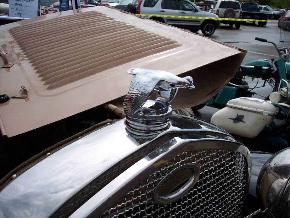 Chrome bird hood ornament on a tan car hood, with a motorcycle and other vehicles in the background
