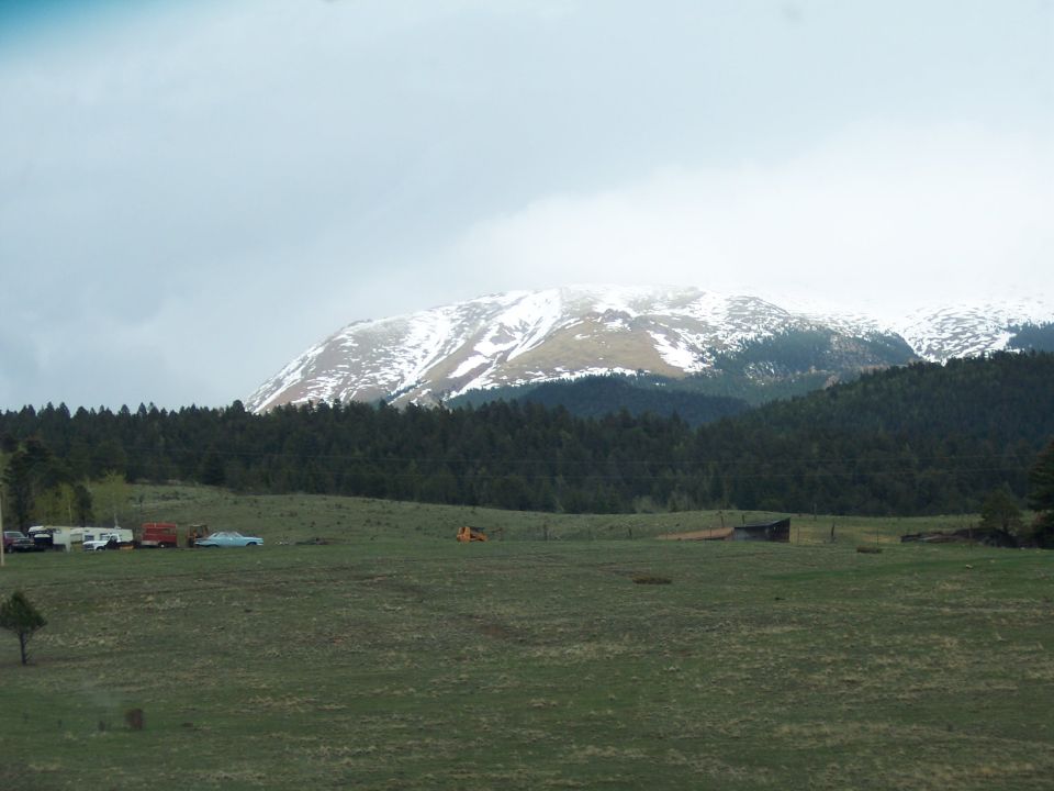 Several vehicles parked in a grassy field with a snow-capped mountain in the background
