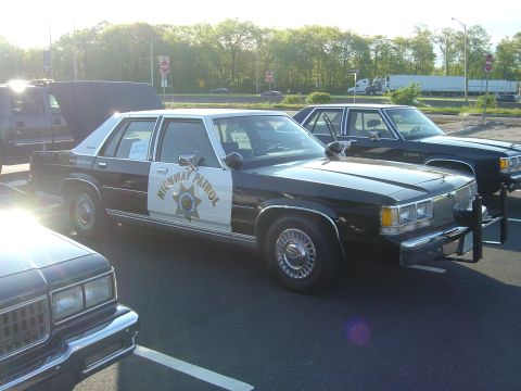 2001 Ford Crown Victoria - Two police cars are parked side-by-side in a lot, with trees and a highway in the background.