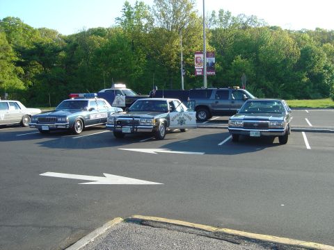 2001 Ford Crown Victoria - Several police vehicles are parked in a lot with trees in the background.