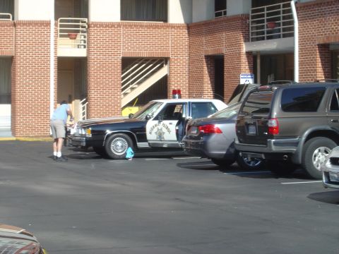 2001 Ford Crown Victoria - A person washes a black and white police car in a parking lot next to other vehicles.