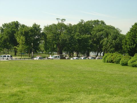 2001 Ford Crown Victoria - A police car is among several vehicles parked along a street bordered by trees and a grassy lawn.
