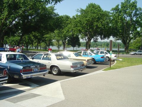 2001 Ford Crown Victoria - A line of police vehicles, including older models, are parked near a body of water under a clear sky.