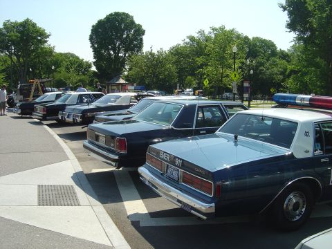 2001 Ford Crown Victoria - Several police cars are parked in a row, with the closest vehicle showing its rear and light bar.