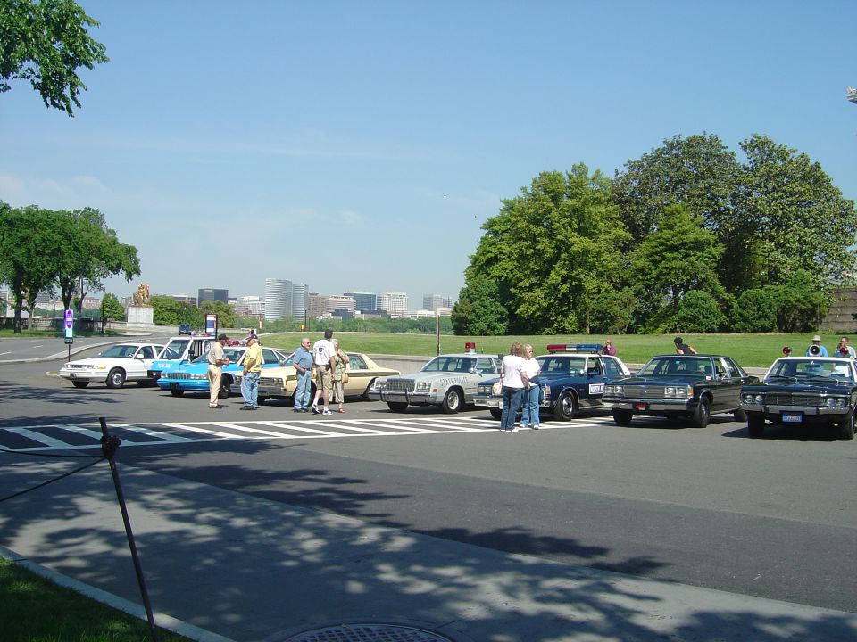 Several police cars and civilian cars parked in a line on a sunny day with people around them