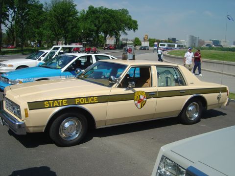 2001 Ford Crown Victoria - A tan 1977 police car is parked next to a blue and white police car, with trees and buildings in the background.