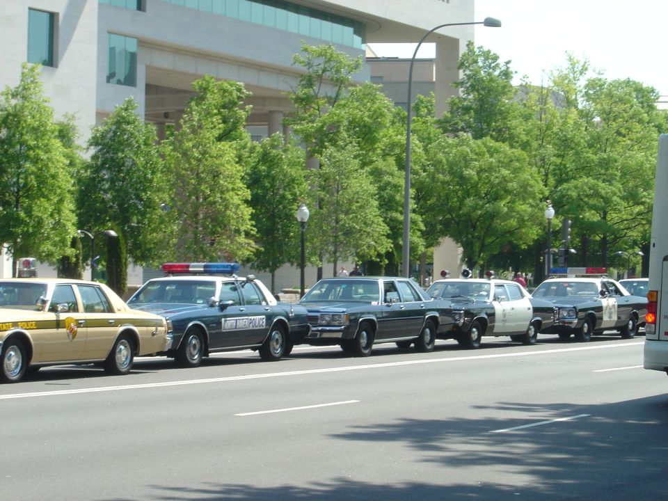 Line of police cars, including a tan state police vehicle and several dark sedans with light bars, parked on a street