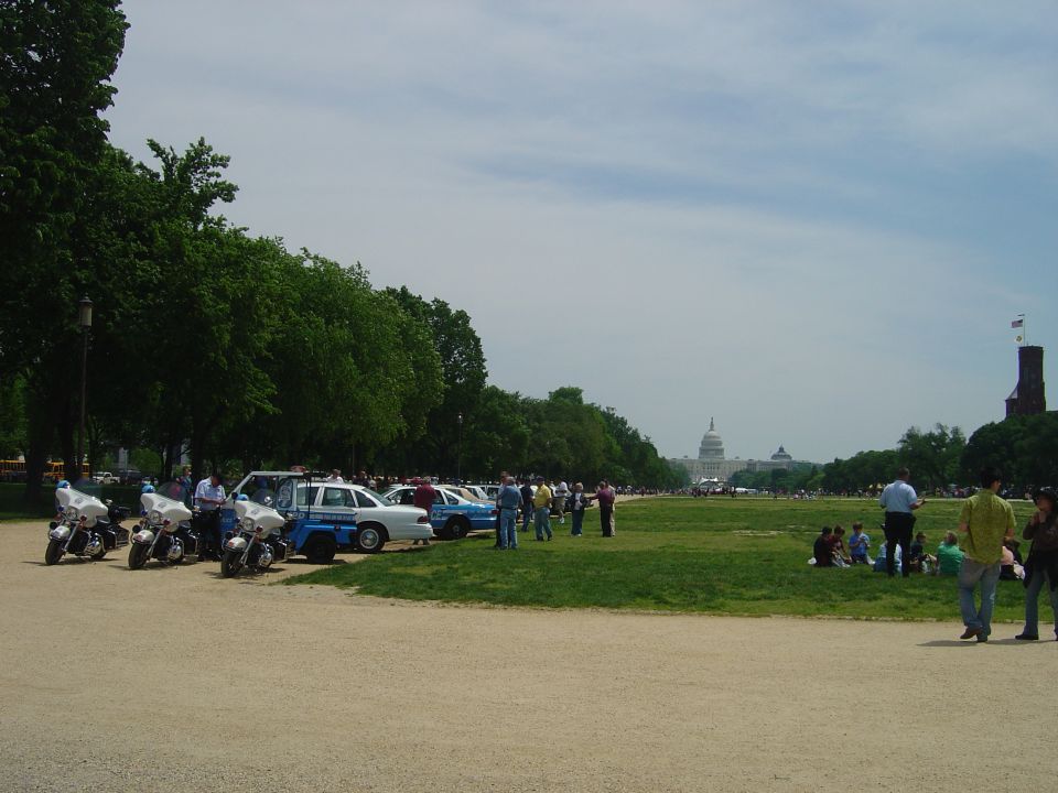 Police motorcycles and cars parked on a grassy area with trees and the US Capitol building in the distance