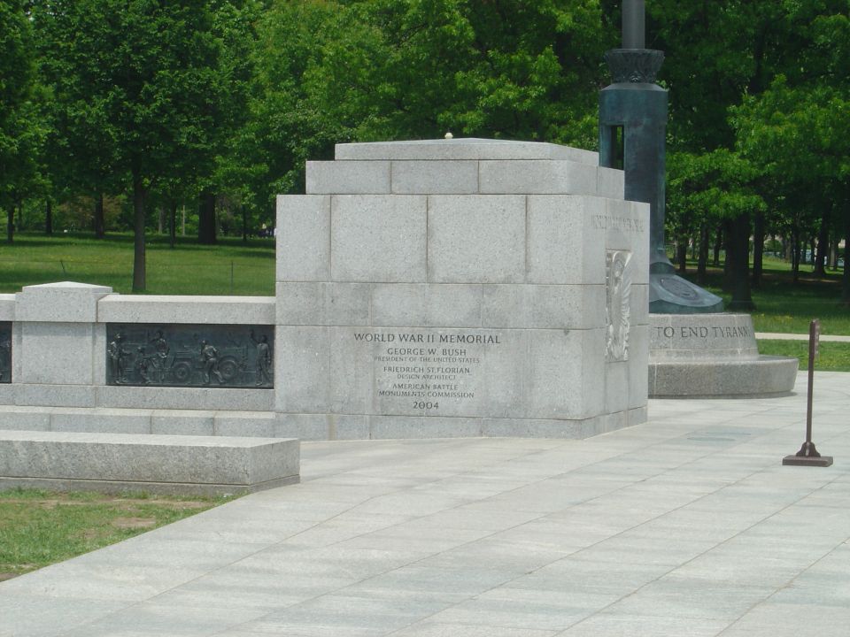 World War II Memorial with inscription mentioning George W. Bush and 2004