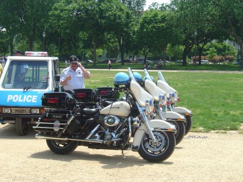 2001 Ford Crown Victoria - Police officer on duty with motorcycles and utility vehicle in a park setting.