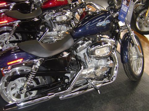2001 Ford Crown Victoria - Several Harley-Davidson motorcycles are parked closely together inside a showroom.