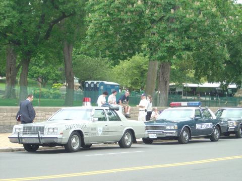 2001 Ford Crown Victoria - Several police vehicles are parked along a street with trees and portable toilets in the background.