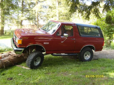 1989 Ford Bronco - A red Ford Bronco with a black top is parked on a grassy area with a log nearby.