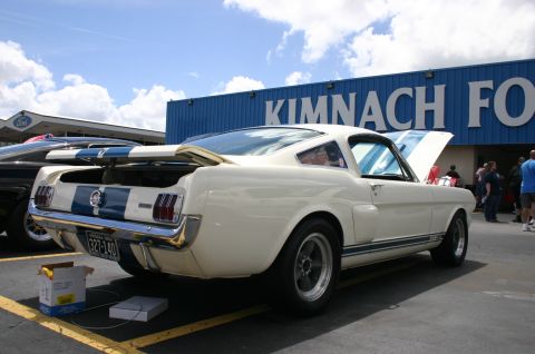 1968 Shelby GT500 - White 1966 Shelby GT350 Mustang with blue racing stripes parked at Kimnach Ford.