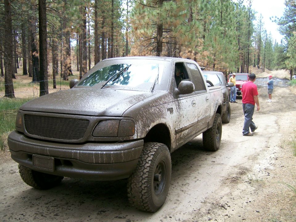 Mud-covered Ford F-150 crew cab pickup on a forest dirt road