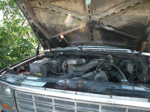 1986 Ford Bronco - The engine bay of a Ford truck from the 1980s is visible with the hood raised, revealing the engine and front grille.