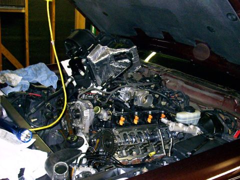 2000 Mercury Marquis - Mid swap pic. Had to pull airbox from firewall to get room w/o discharging a/c system.