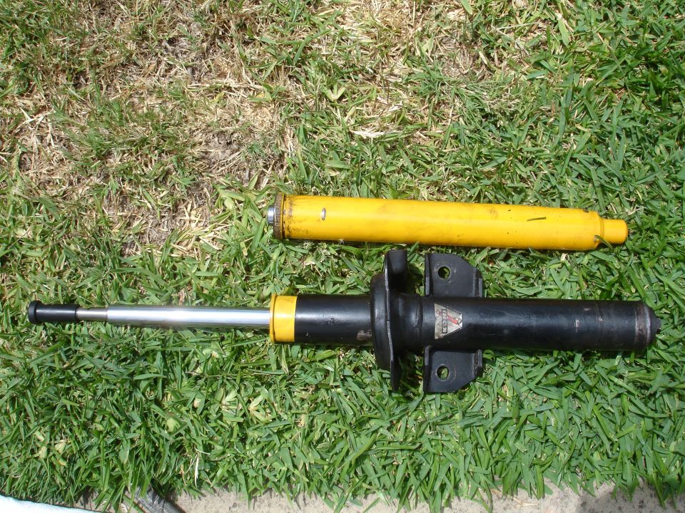 Black and yellow car struts on grass. One strut is extended