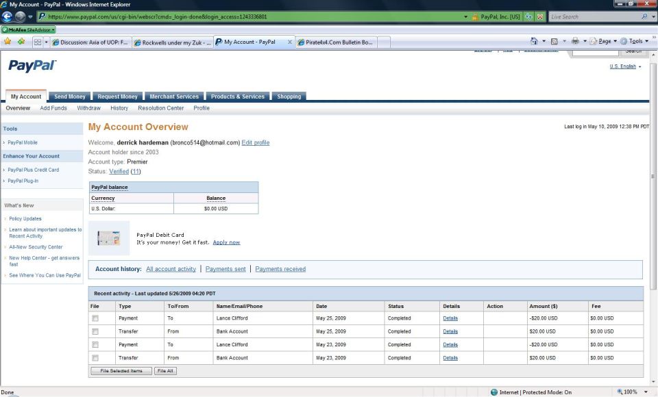 Screenshot of a PayPal account overview page showing 2009 payment activity