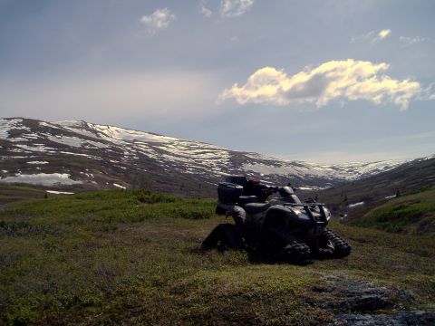 2000 Ford E350 - An ATV sits in a field of green and brown vegetation, with snow-covered mountains stretching into the distance under a partly cloudy sky.