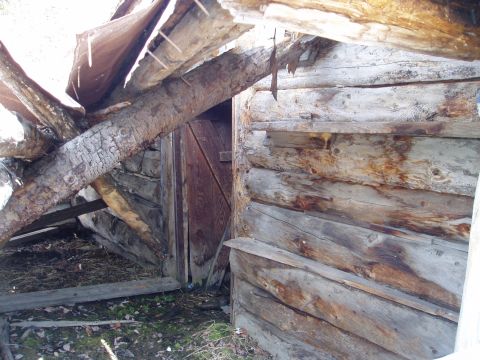 2000 Ford E350 - A rustic log cabin structure with a partially collapsed roof and a weathered wooden door is visible.