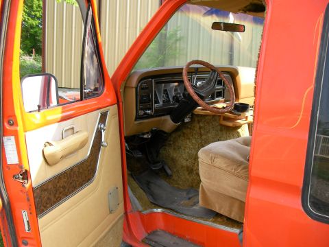1978 Ford E150 - The interior of this van features plush carpeting and wood-grain trim on the door panel.