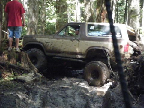 2005 Jeep Wrangler - An off-road vehicle navigates a difficult, muddy path through a dense forest.