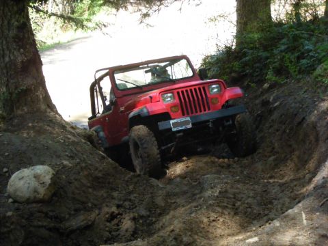 2005 Jeep Wrangler - A red Jeep Wrangler drives through a muddy, off-road path surrounded by trees.