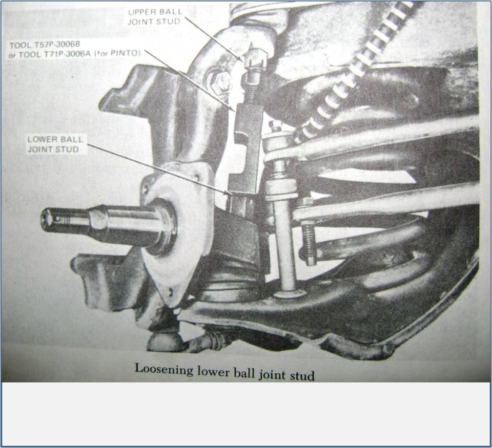 Black-and-white shop manual photo of loosening a lower ball joint stud