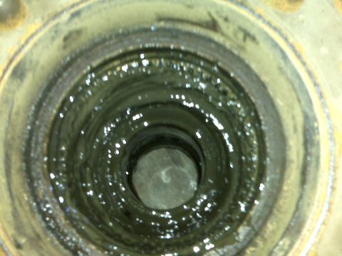 1992 Ford F-350 - Close-up view of a wheel bearing hub assembly filled with grease.