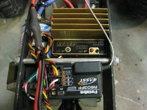 2010 Ford Pickup - Close-up of the electronic components in an RC car, a Tekin Rebel 2 speed control and a Futaba R603FF receiver.