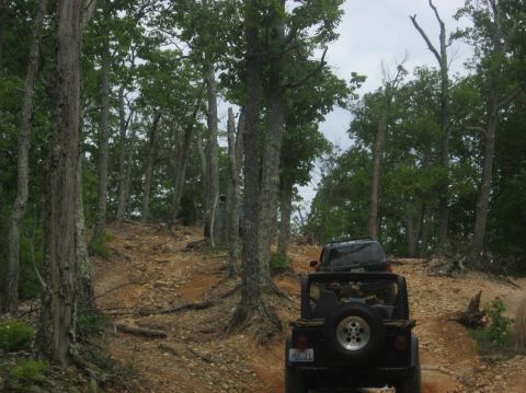 1987 Suzuki Samurai - Two Jeeps navigate a rocky, wooded trail, off-road capability.