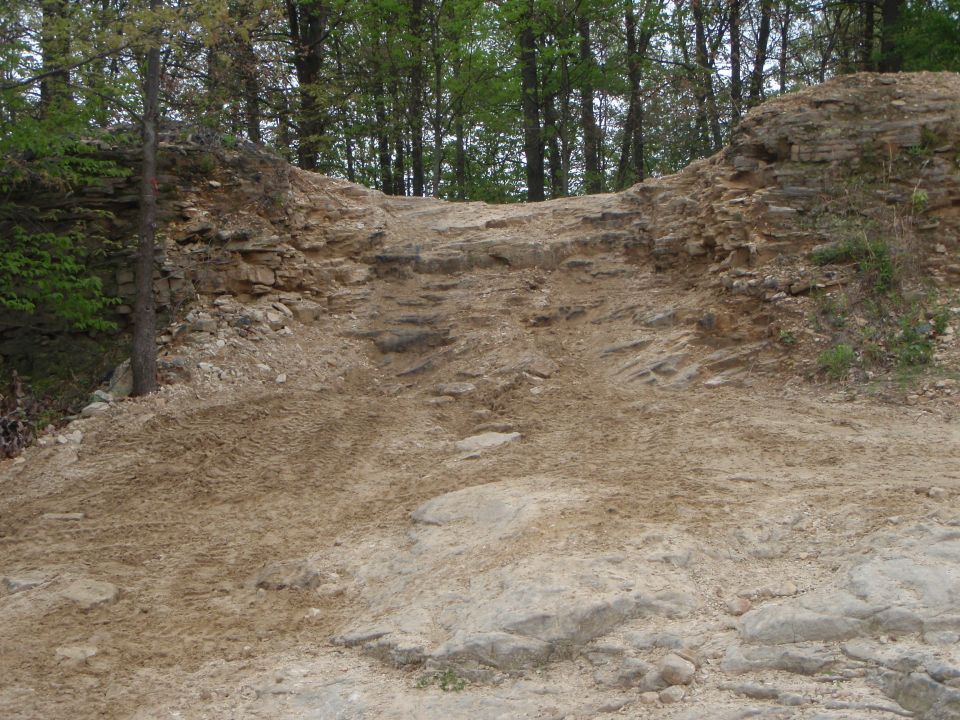 Steep rutted dirt and rock hill climb with tire tracks at a wooded offroad park