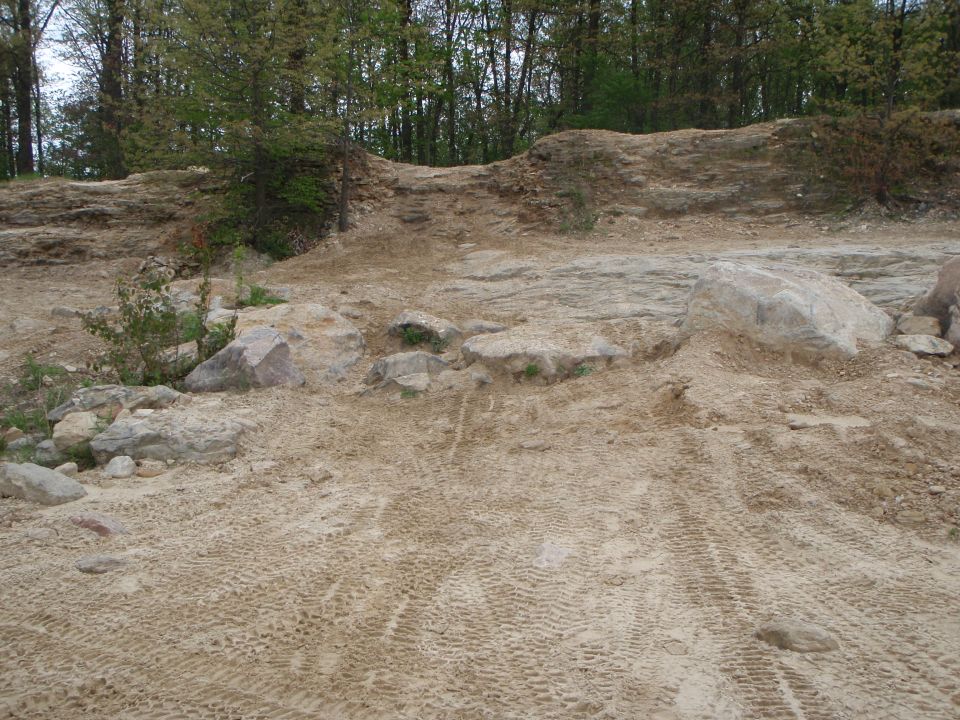 Sandy off-road trail with tire tracks and rocks, leading up a dirt hill with trees in the background