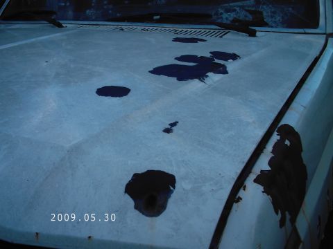 1986 Ford Bronco - The hood of a vehicle shows significant damage with fluid stains and rust, dated May 30, 2009.