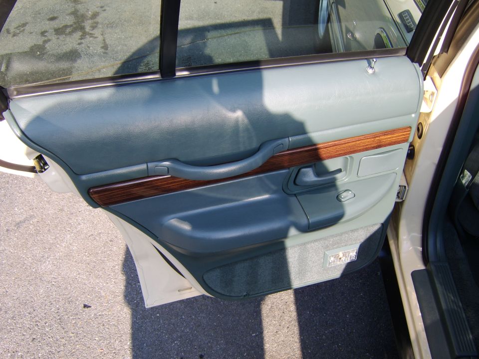 Rear door panel with green upholstery and wood-grain trim, door open over pavement
