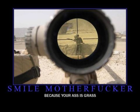 1988 Ford Bronco - A soldier is targeted through a sniper scope in a desert environment, with a humorous and threatening caption below the image.
