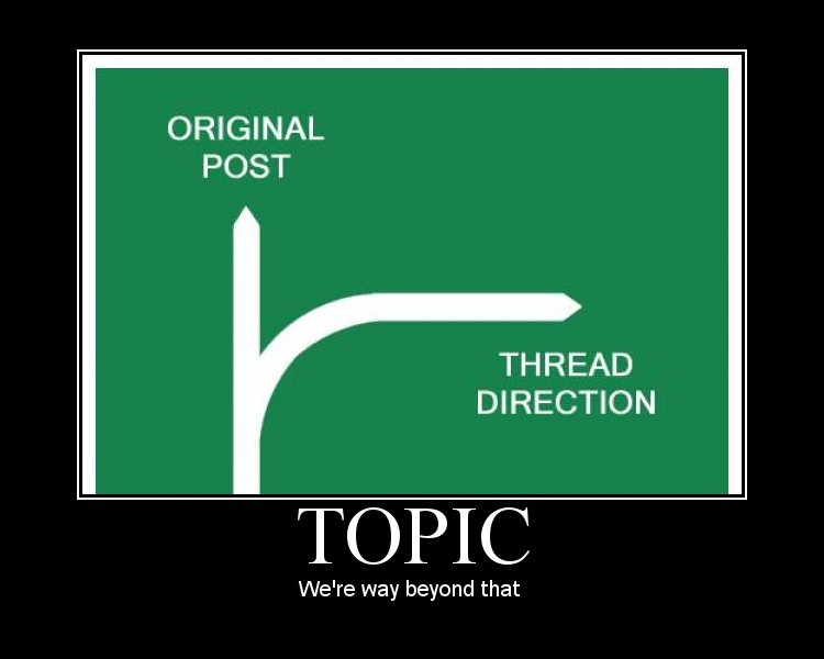 Green sign graphic showing a fork in the road, one path labeled 'original post' and the other 'thread direction'. Below is text 'TOPIC' and 'We're way beyond that'