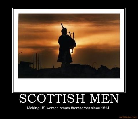 1988 Ford Bronco - A bagpiper stands silhouetted against a dramatic sunset, with text below reading 'SCOTTISH MEN'.