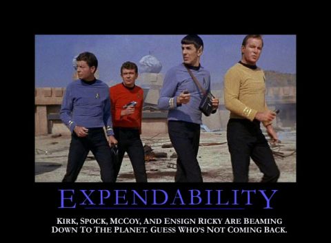 1988 Ford Bronco - This image features four characters from Star Trek, with a meme overlay that reads 'EXPENDABILITY' and a humorous caption about who might n…