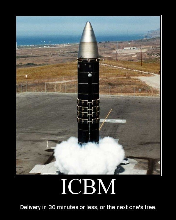 ICBM missile lifting off with smoke and clouds at its base