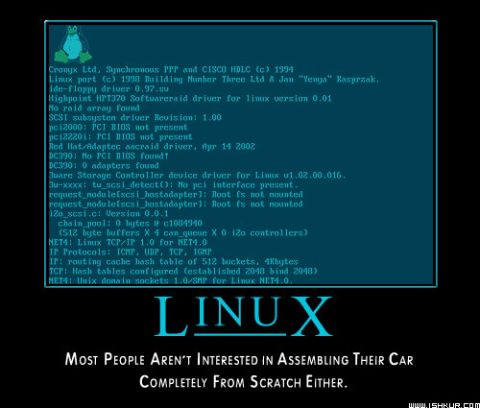 1988 Ford Bronco - A Linux boot screen displays system information, followed by a meme about car assembly.