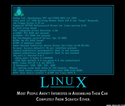 Linux boot screen showing driver information and a meme about assembling cars