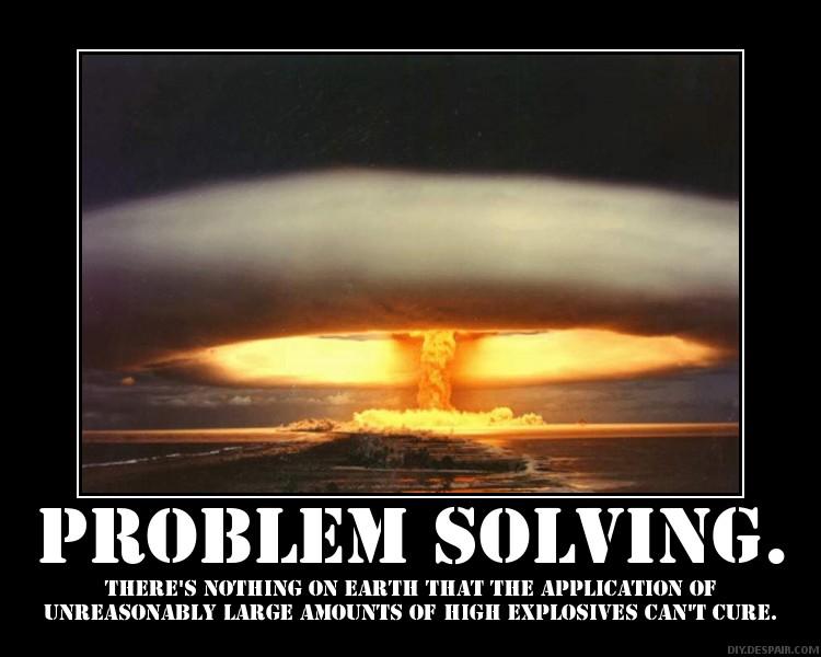Nuclear explosion mushroom cloud over water, with text "PROBLEM SOLVING."