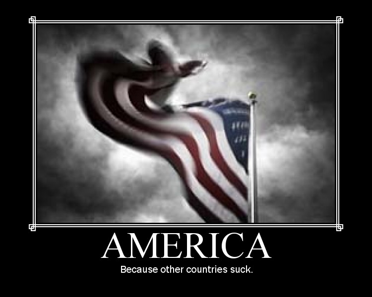 American flag waving against a cloudy sky, with text 'AMERICA' and 'Because other countries suck.'