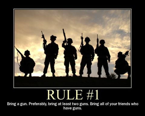 1988 Ford Bronco - A group of soldiers stands silhouetted against a cloudy sky, holding firearms. The image is overlaid with text about rules for bringing gun…