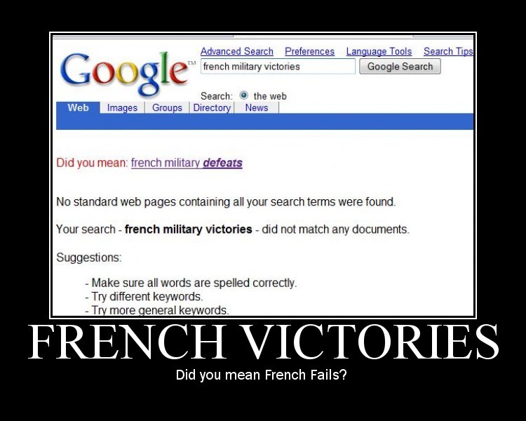 Google search for 'french military victories' shows no results and suggests 'french military defeats'
