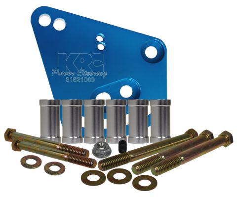 1978 Ford Mustang II - A blue KRC Power Steering bracket and its associated hardware kit are displayed against a white background.